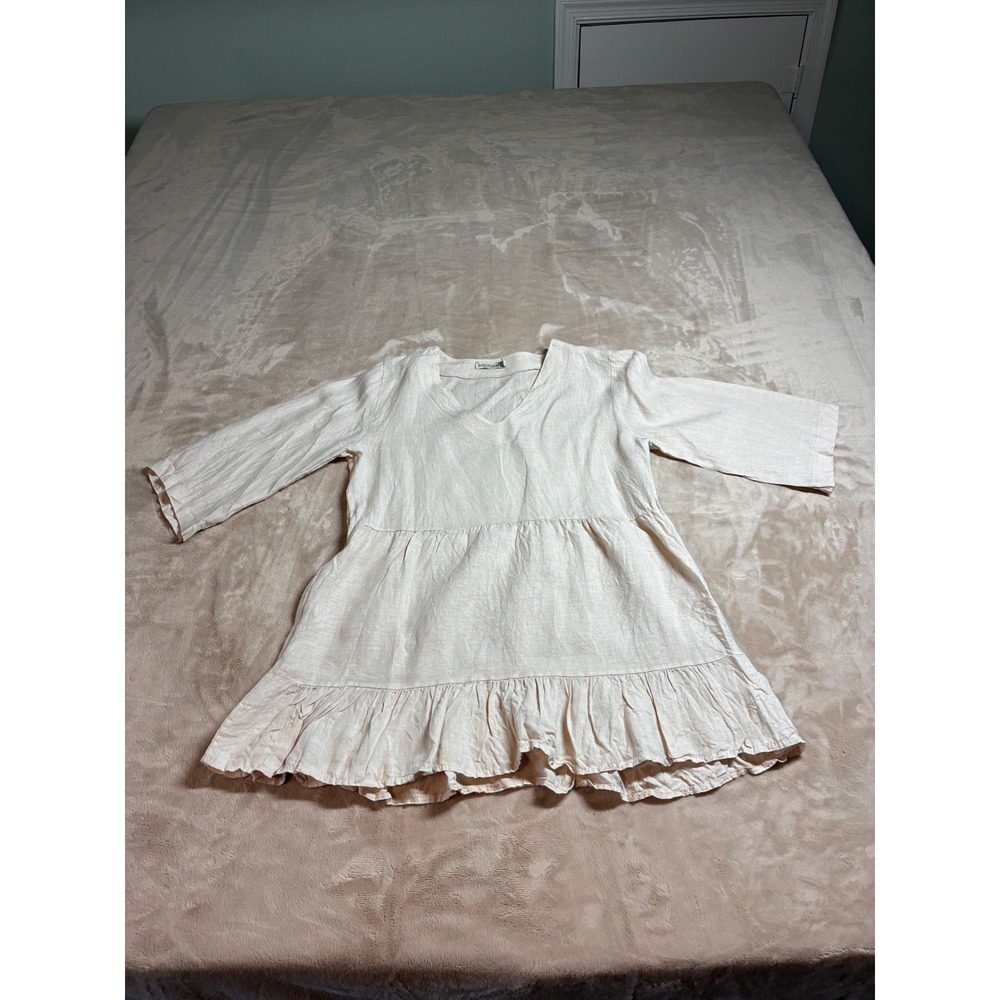 Laura Bianchi Italy 100% Linen V-Neck Tiered Ruffle Tunic Top Beige Large
